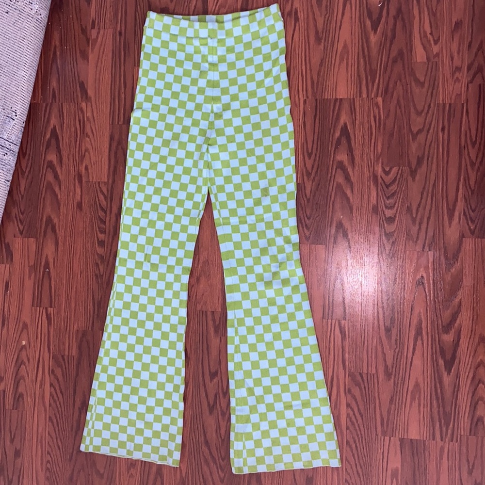 Light Blue & Lime Green Checkered High-Waisted Flare Pants